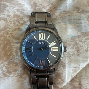 Fossil BQ1134 Men's Gun Metal STAINLESS STEEL Roman Numeral Blue Dial Wristwatch